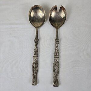 Vintage Silea Silver Plate Salad Servers Tassel Look Handles Heavy Weight